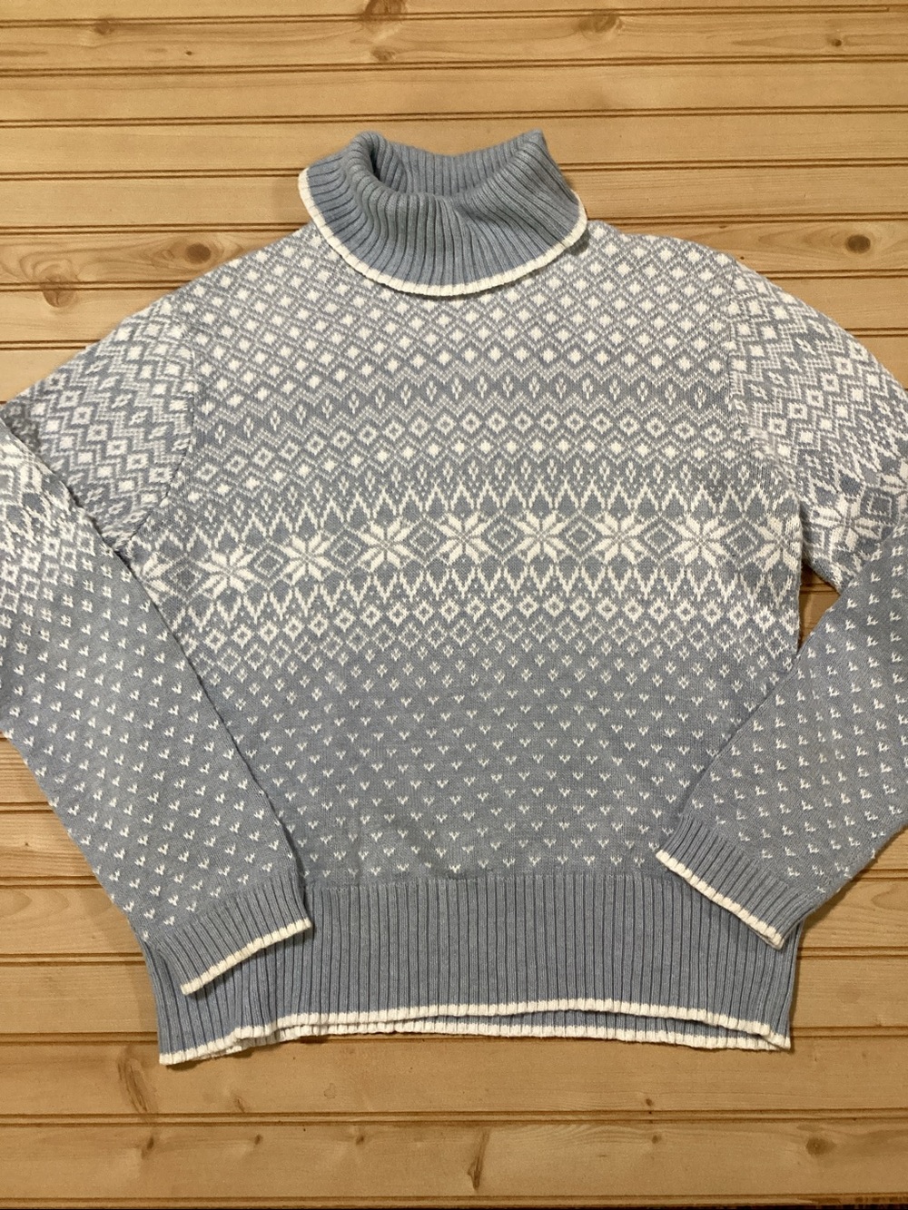 Sonoma Light Blue Fair Isle White Snowflake Cowl Neck Turtleneck Cotton Sweater